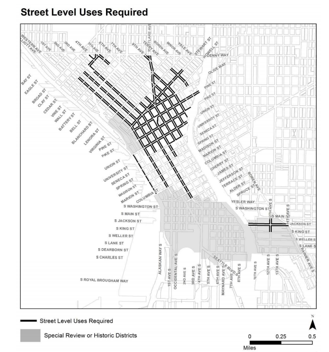 Stewart, Olive Way, Pike, Pike, Union, and University are the streets highlighted indicating street levels use requirement. As are long stretches of 1st, 2nd, 3rd, and Westlake avenues.