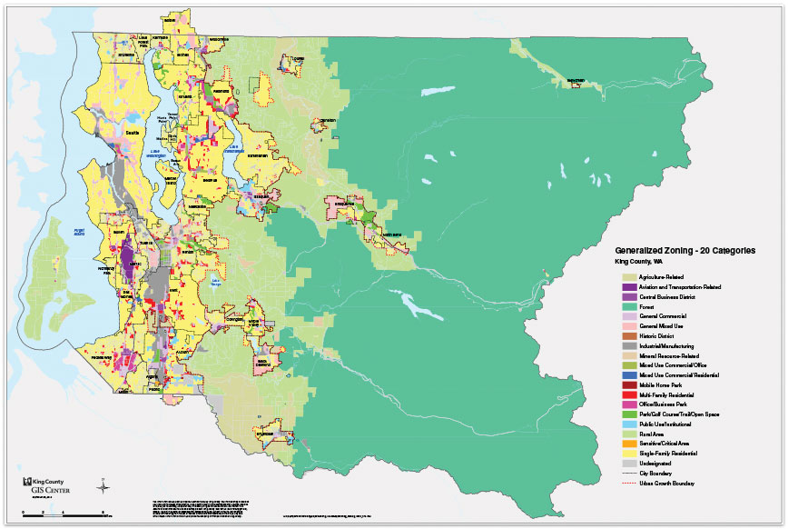 A zoning map of King County shows wide swaths of single family zoning and limited areas where apartments are allowed.