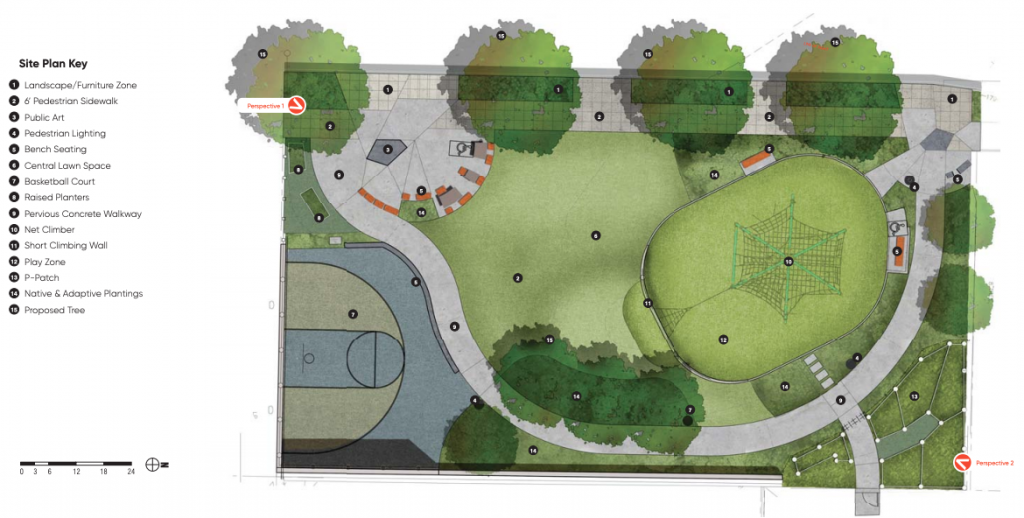 A rendering of the future park in Lake City illustrates the site plan key, which will include a landscape/furniture zone, 6 foot pedestrian sidewalk, public art, pedestrian lighting, bench seating, central lawn space, basketball court, raised planters, the previous concrete walkway, net climber, short climbing wall, play zone, p-patch, native and adaptive plantings, and a proposed tree. The largest area of the park will include the central lawn space, p-patch, and basketball court. 