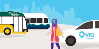 A cartoon-style graphic shows a woman in a headscarf next to a Via van with a Metro bus and Link train in the background.