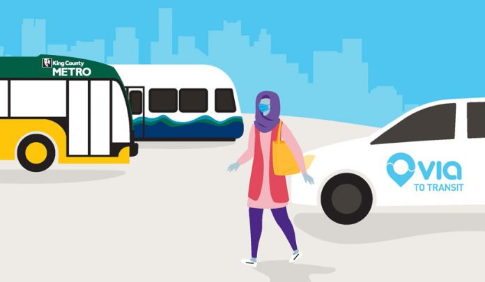 A cartoon-style graphic shows a woman in a headscarf next to a Via van with a Metro bus and Link train in the background.