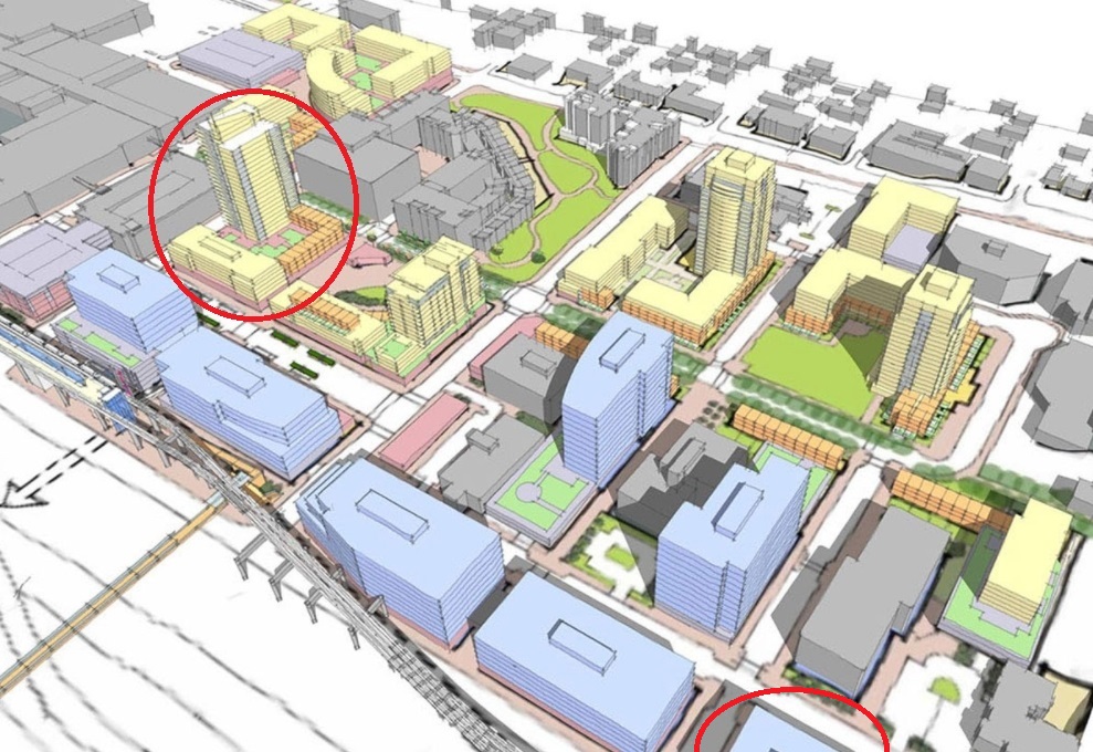 A concept render of possible developments on Northgate's parking lots and underdeveloped sites