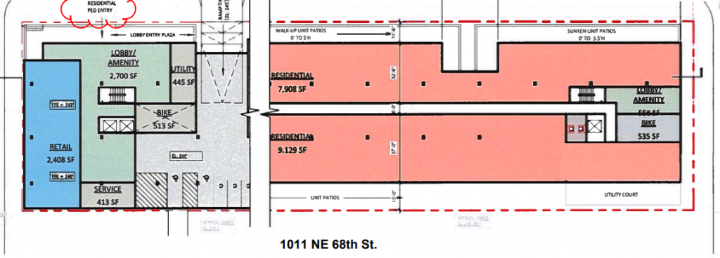 The site plan proposed at 1011 NE 68th Street. Residential and Retail are proposed