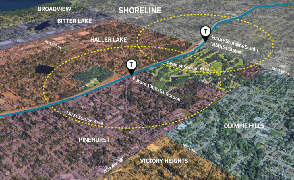 A photo map shows the area near two the 130th and 145th street light rails stations with a circle showing the area that would be walking distance to the stations.