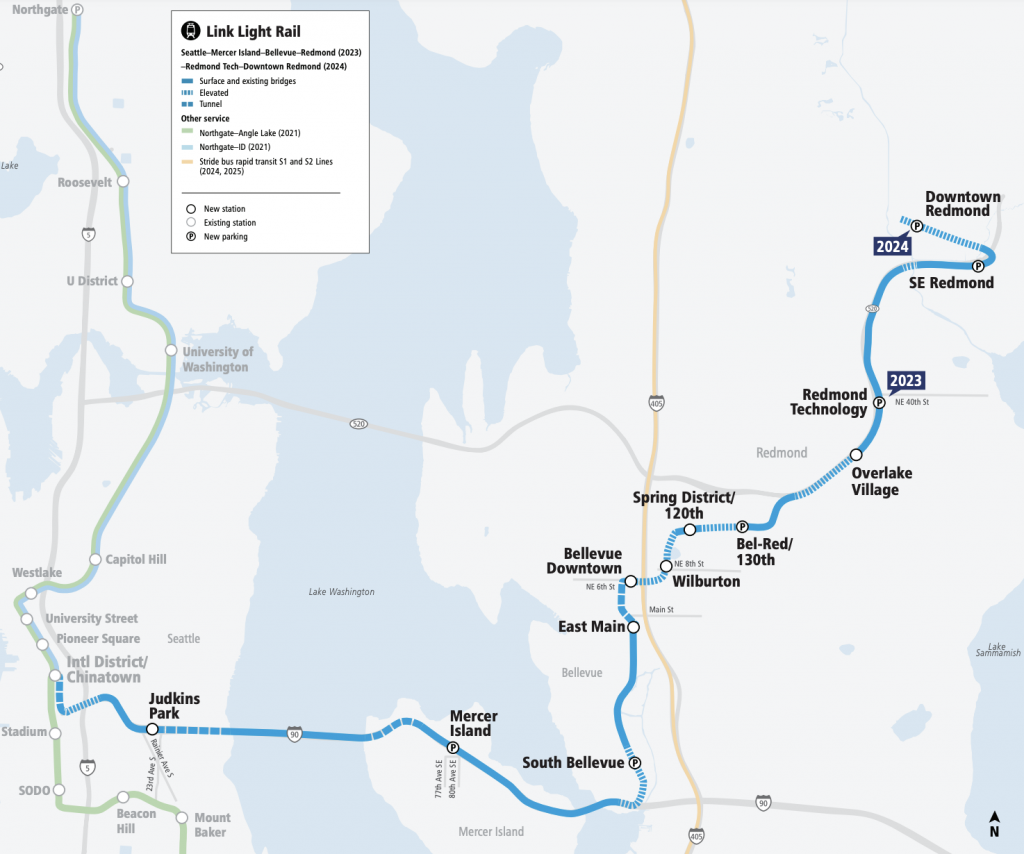 A map of the 2 Line extension shows stations at Judkins Park in Seattle, Mercer Island, South Bellevue, East Main, Downtown Bellevue, Wilburton, Spring District, Bel-Red/130th, Overlake Village, Redmond Technology Center, SE Redmond, and Downtown Redmond. The latter two Redmond stations will be added in 2024.
