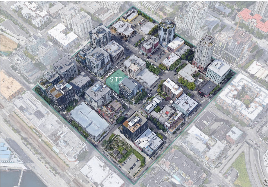An aerial rendering of the site of 2616 Western Avenue shows it in relation to surrounding buildings on 1st Avenue, Western Avenue, Cedar Street, and Vine Street. 