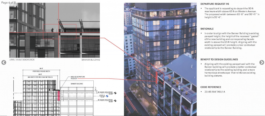 An excerpt from the project proposal shows how design department request #6 would improve alignment with the adjacent Banner building.