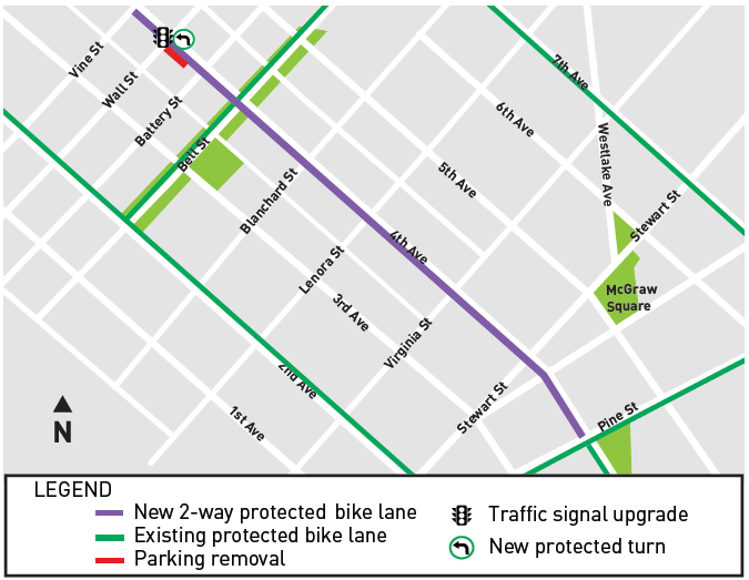 Map of bike lane between Pine and Vine