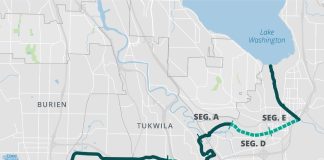 A map of the multi-use trail connecting Lake Washington to Puget Sound. The trail is divided into segments A to E.