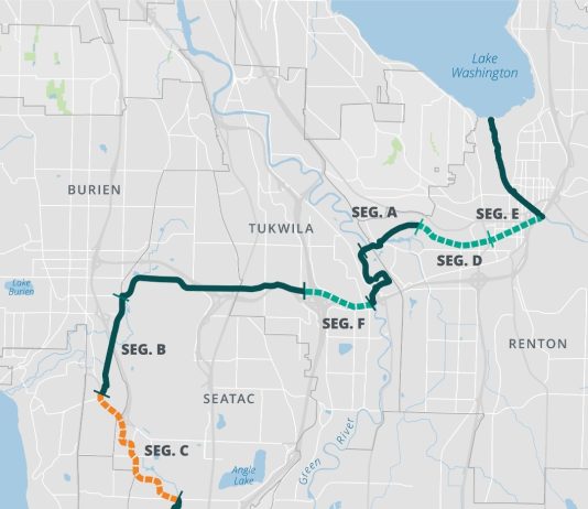 Exciting Progress on the 16-Mile Lake to Sound Trail A map of the multi-use trail connecting Lake Washington to Puget Sound. The trail is divided into segments A to E.
