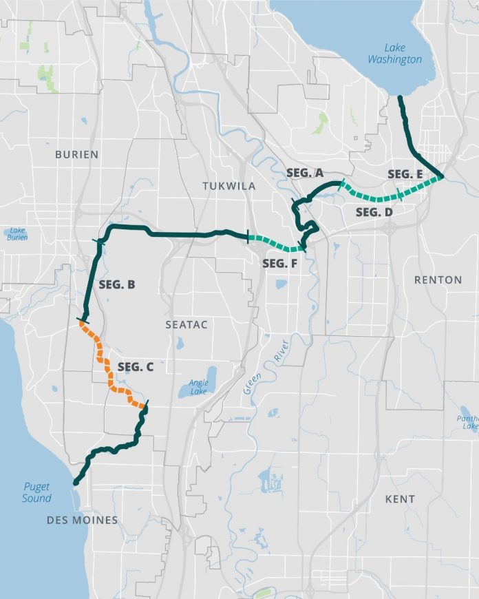 A map of the multi-use trail connecting Lake Washington to Puget Sound. The trail is divided into segments A to E.