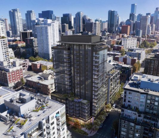 19-Story Deep Green Tower Nearing Approval, Belltown Livability Coalition Plotting Appeal A rendering of the 19-story proposal with Belltown and Downtown skyline in the background.