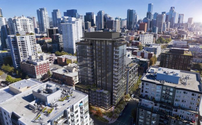 A rendering of the 19-story proposal with Belltown and Downtown skyline in the background.