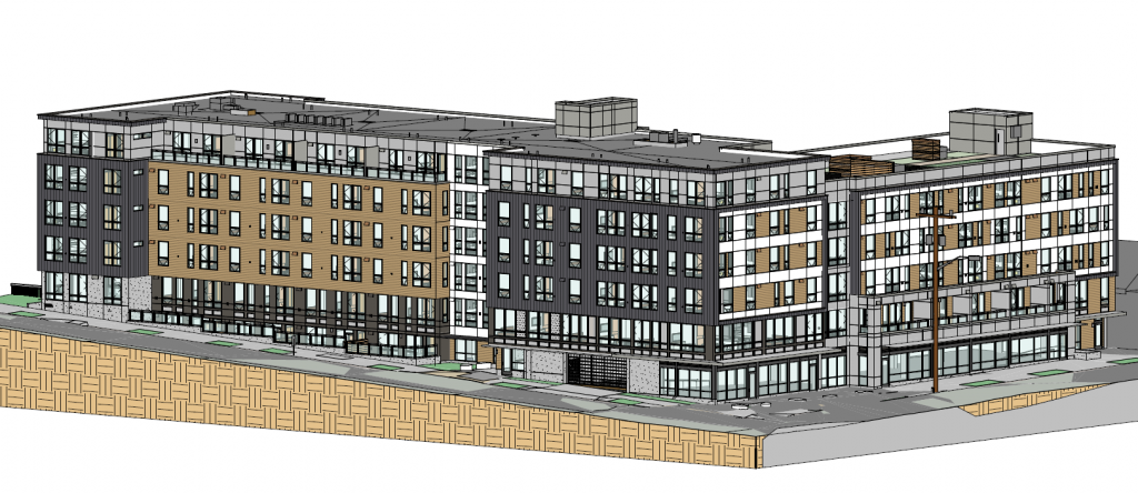 A rendering of a mixed use apartment building at the edge the Roosevelt Urban Village and at 6502 15th Avenue NE