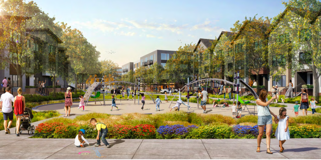 A rendering shows a park with children's play equipment full of people of all ages playing. There are three to four story residential buildings surrounding the park.