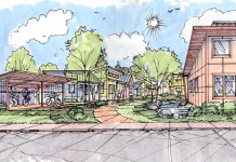 Burien Council Passes Tenant Protections and Extends Affordable Housing Program A drawing of a housing development made up of one small multifamily building in front with four tiny houses behind it. There is a bike shed to the left and parking spaces for cars near the bottom of the drawing.
