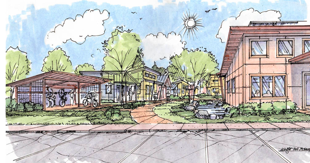 A drawing of a housing development made up of one small multifamily building in front with four tiny houses behind it. There is a bike shed to the left and parking spaces for cars near the bottom of the drawing.