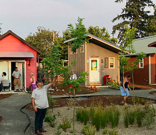 EcoTHRIVE to Pilot New Model of Affordable Housing in Burien Tiny houses are oriented around a central green space where four people are standing. A couple is standing on the doorstep of a home in the background.