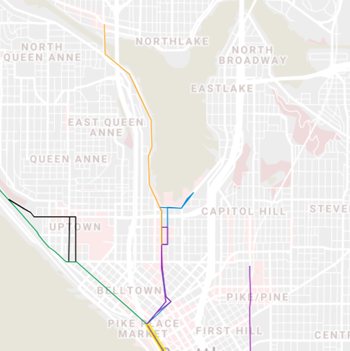 A map of the north end of Downtown Seattle showing streetcar routes extending through Belltown into Queen Anne and South Lake Union toward Fremont.