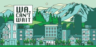 Washington Can’t Wait 2022 Legislative Session Wrap-Up A graphic of blue and green mountains with the skyline of a city in front of them with the words WA Can't Wait in a white box on the left corner.