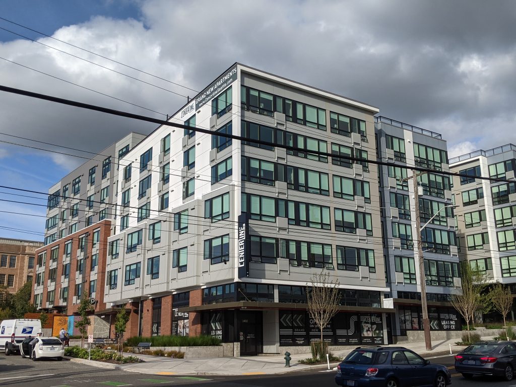 The recently completed Centerline Apartment building near the Roosevelt light rail station.