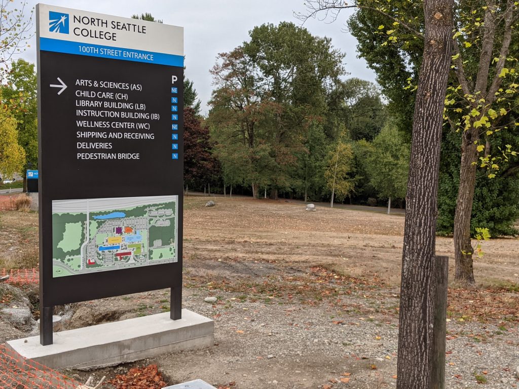 A photo of a sign with North Seattle College destinations