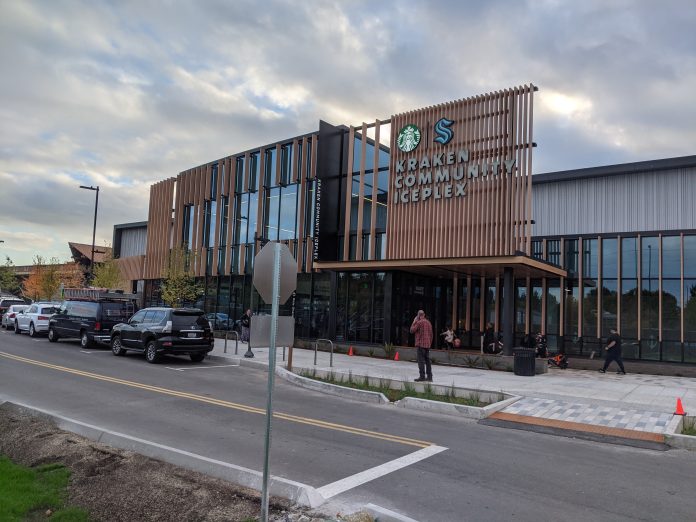 Photo of the eastern facade of the Kraken Community Iceplex