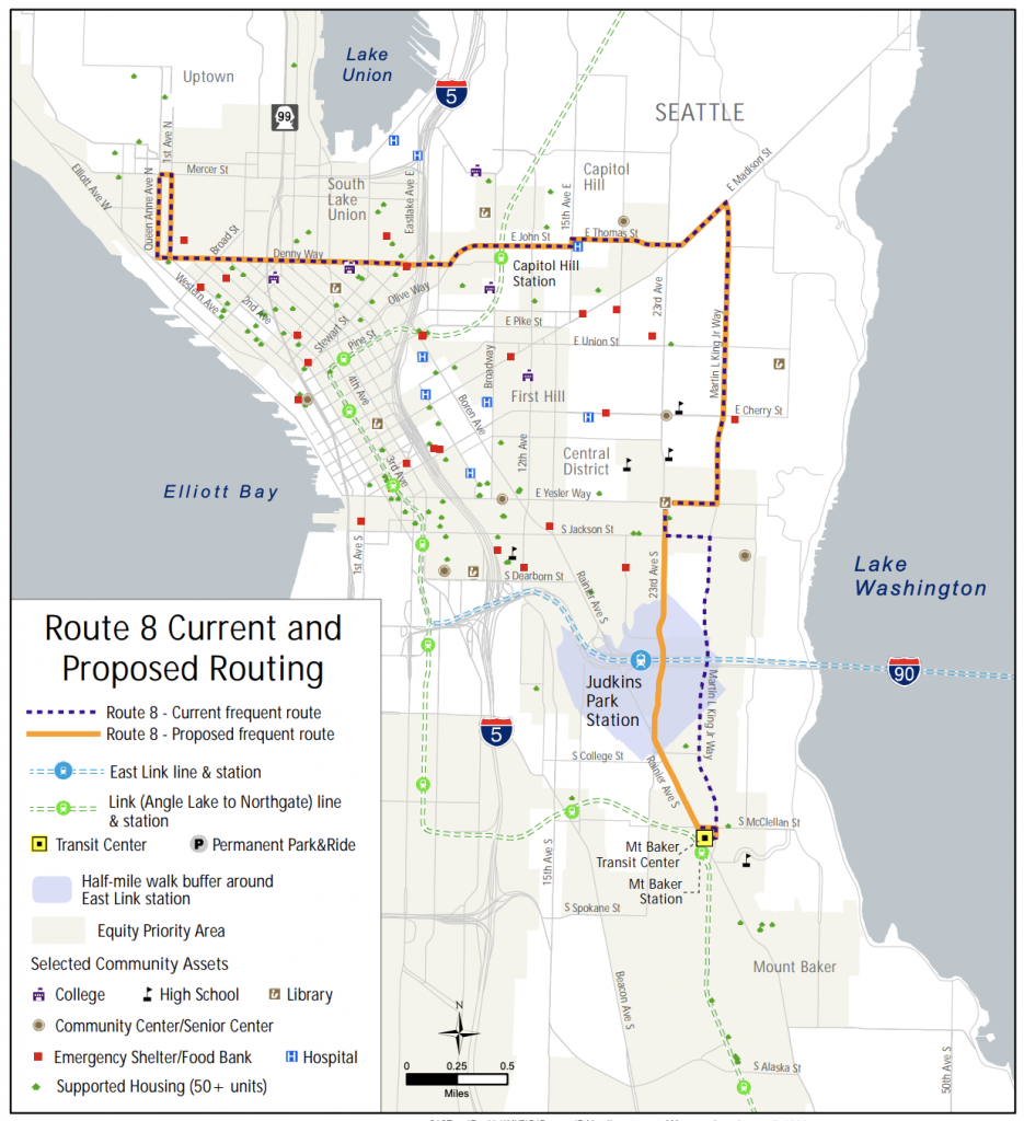 A map shows the proposed reroute of Route 8 from MLK Way to 23rd Avenue south of Yesler in order to offer connections to Judkins Park Station..