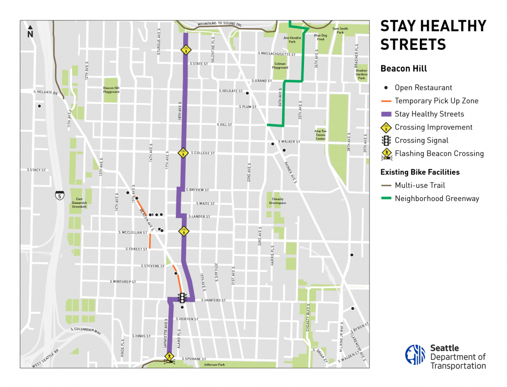Map showing the northern segment of the Beacon Hill Healthy Street with surrounding safe streets infrastructure.
