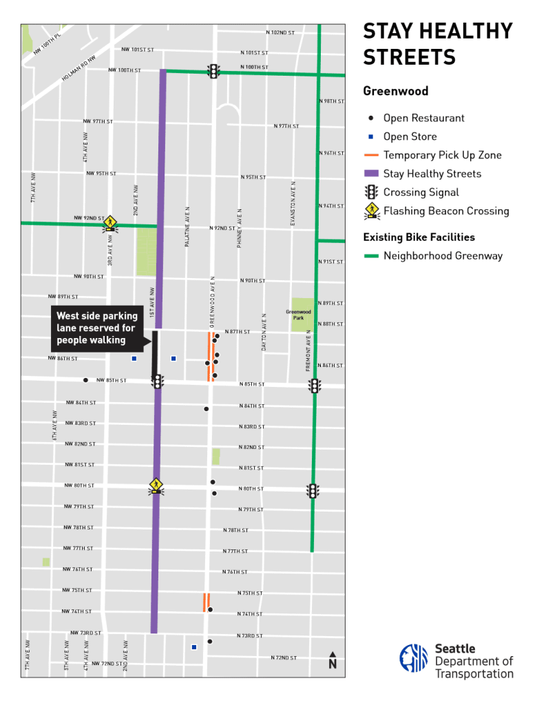 Map showing the Greenwood Healthy Street with surrounding safe streets infrastructure.