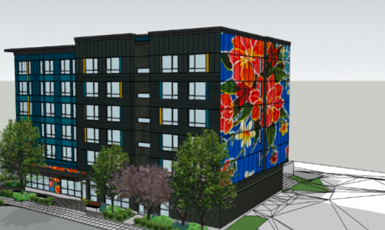 A rendering of a six story black rectangular building with a large mural of orange and blue flowers painted on one side.