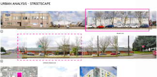 A series of photos of buildings near the proposed site of the Yesler Family Housing project.