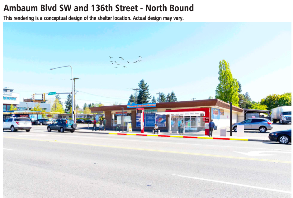 A photo shows a wide road with a rendering of a bus station on the sidewalk.