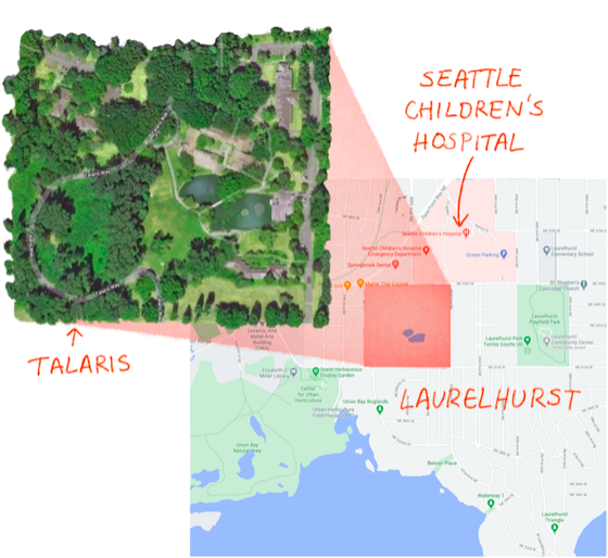 A graphic showing the position of the Talaris site, which is located northwest of the Seattle Children's Hospital and Laurelhurst neighborhood.