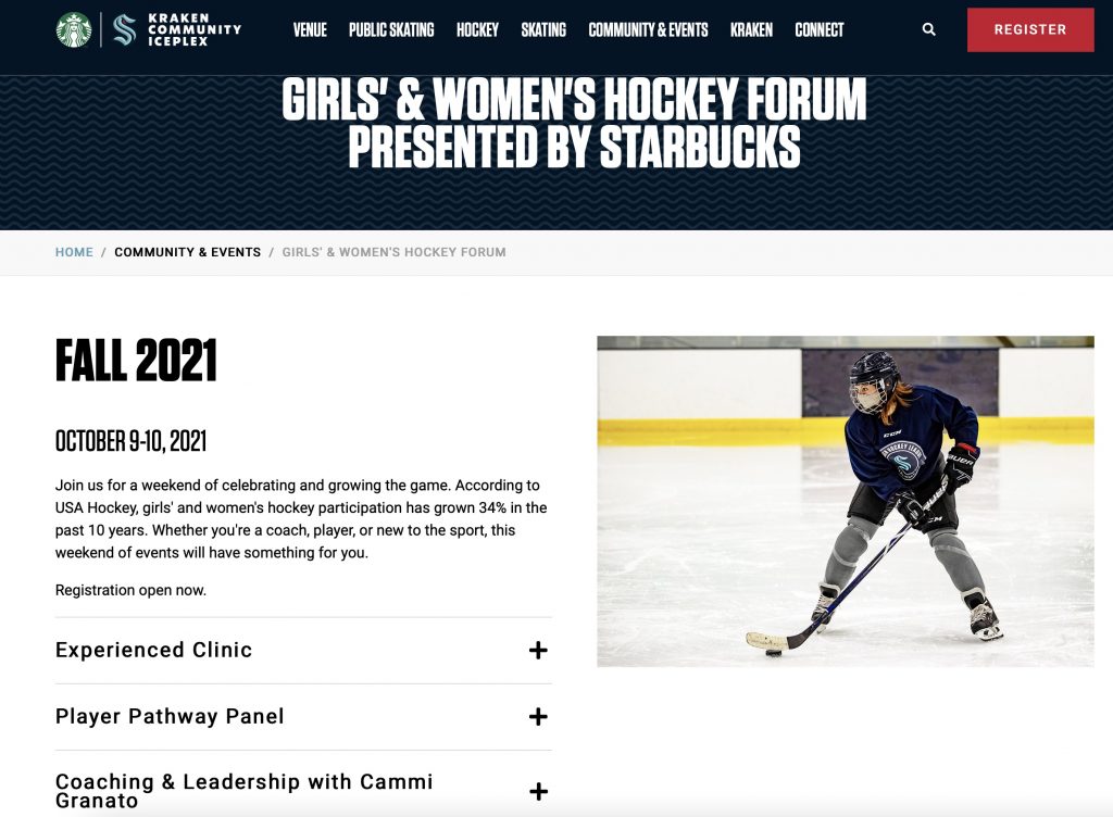 A screenshot of a girls and women's hockey forum to be held in fall 2021 and sponsored by Starbucks. 