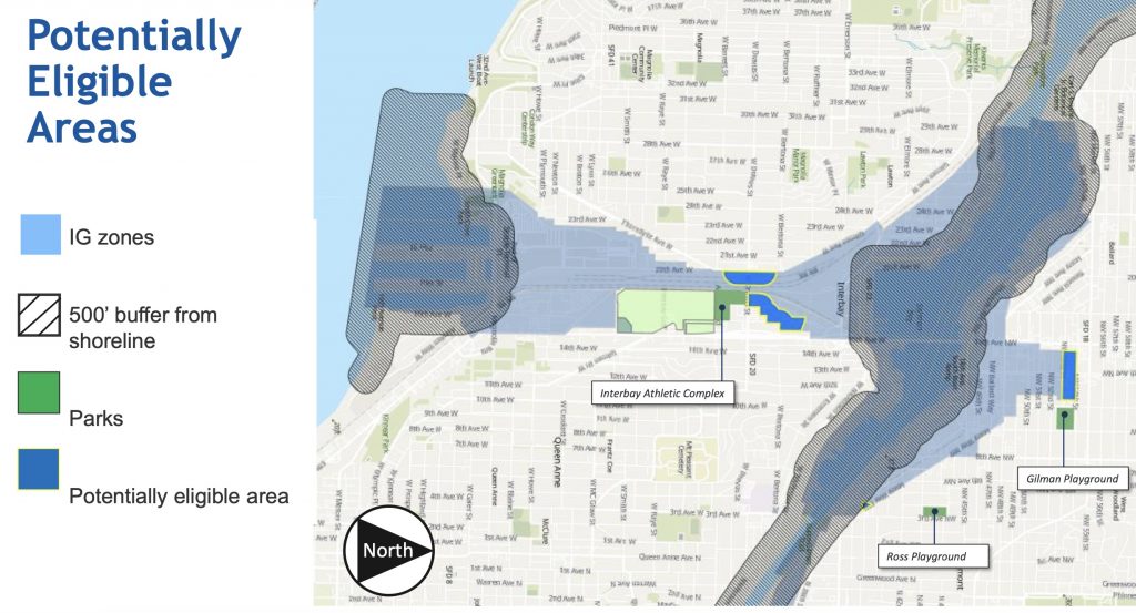 A map of the potential areas for the Interbay Athletic Complex. 
