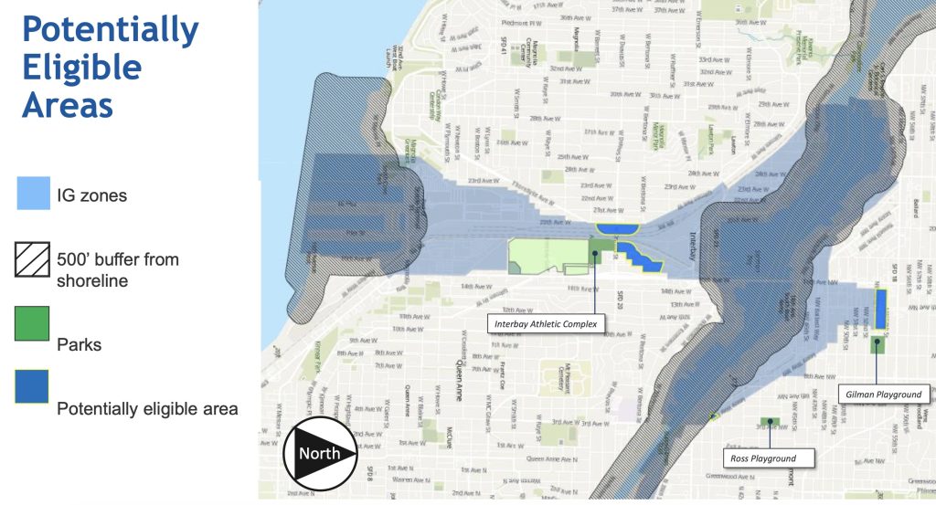 A map of the potential areas for the Interbay Athletic Complex.