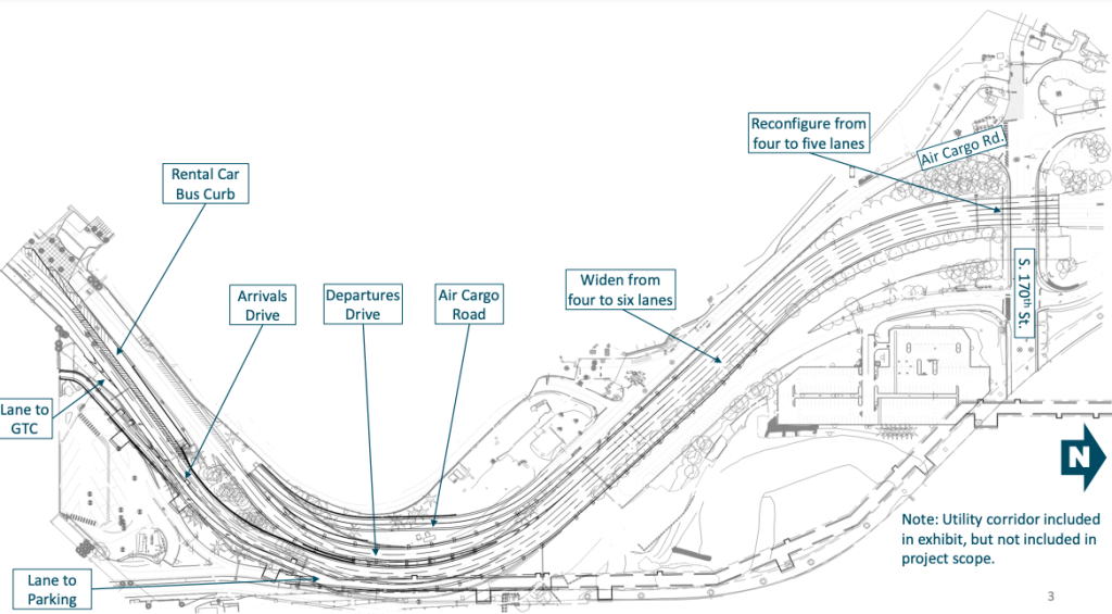 Black and white drawing of a roadway expansion with segments labelled