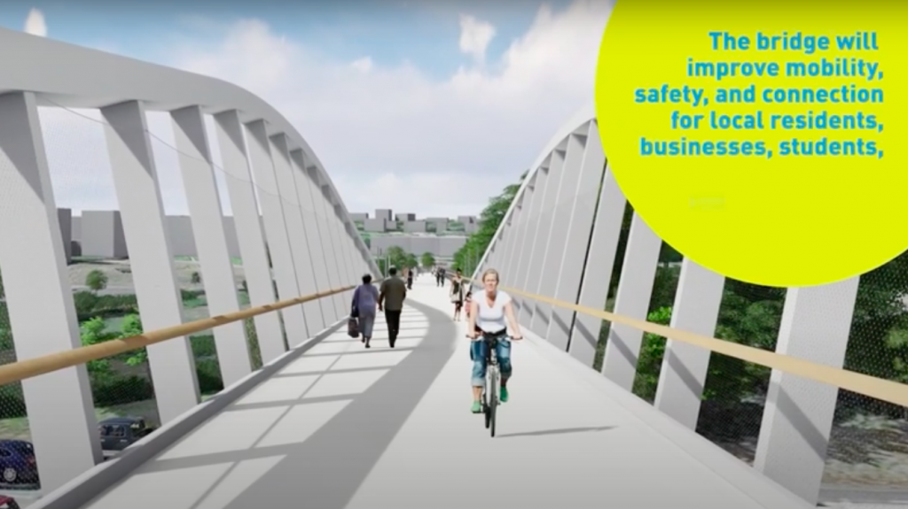 A rendering of a large white bridge spanning over a freeway. A woman rides a bike and people are seen walking. Text states, the bridge will improve mobility, safety, and connection for local residents, businesses, students. 