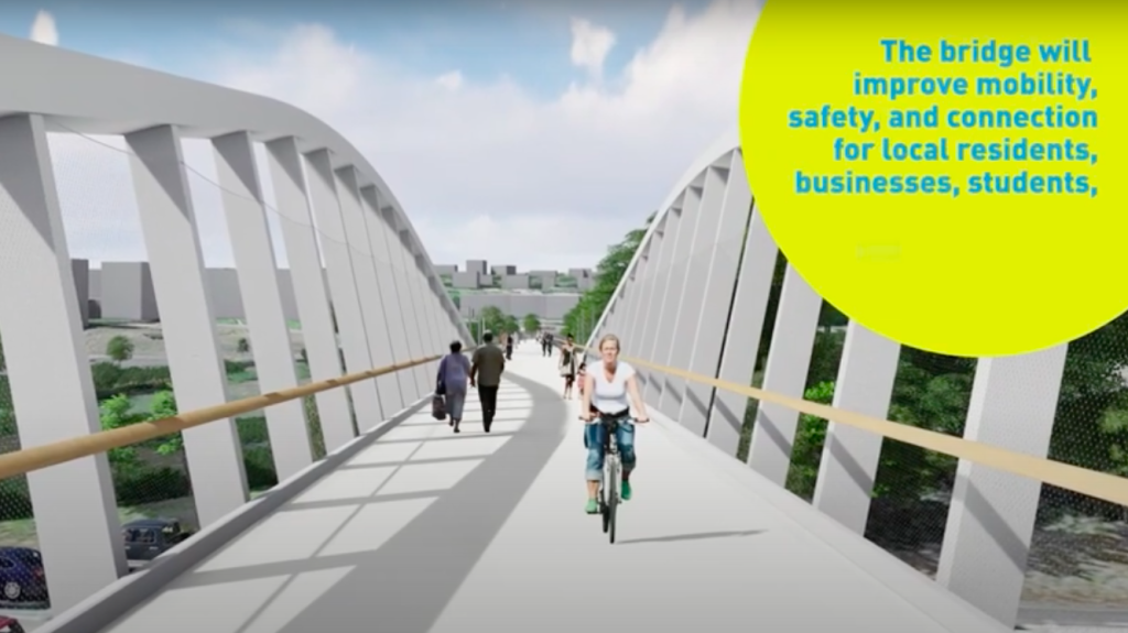 A rendering of a large white bridge spanning over a freeway. A woman rides a bike and people are seen walking. Text states, the bridge will improve mobility, safety, and connection for local residents, businesses, students.