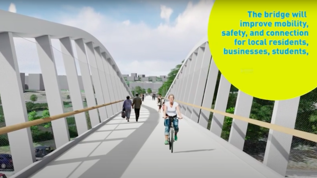 A rendering of a large white bridge spanning over a freeway. A woman rides a bike and people are seen walking. Text states, the bridge will improve mobility, safety, and connection for local residents, businesses, students. 