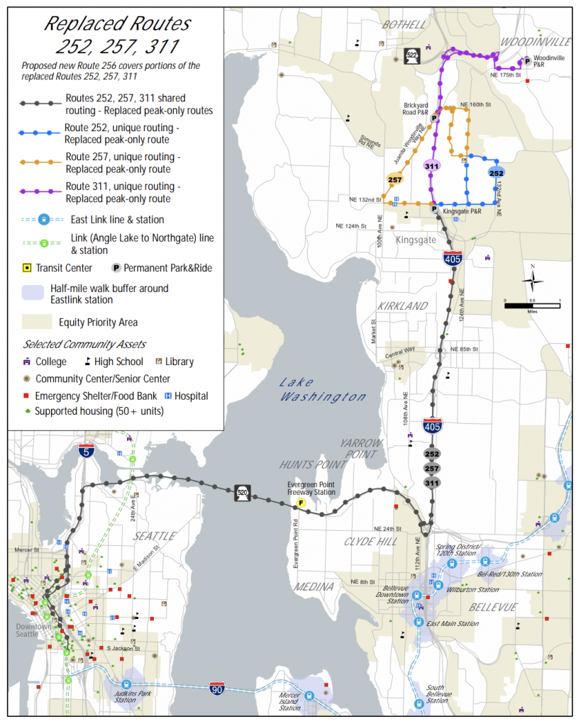 Map of possible changes to Routes 252, 257, and 311. (Credit: King County)