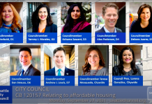 New Seattle Legislation Advances Renter Protections Against Economic Eviction A screenshot of a virtual Seattle City Council meeting with photos of all nine councilmembers displayed.