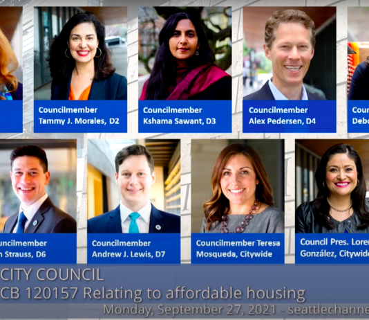 New Seattle Legislation Advances Renter Protections Against Economic Eviction A screenshot of a virtual Seattle City Council meeting with photos of all nine councilmembers displayed.