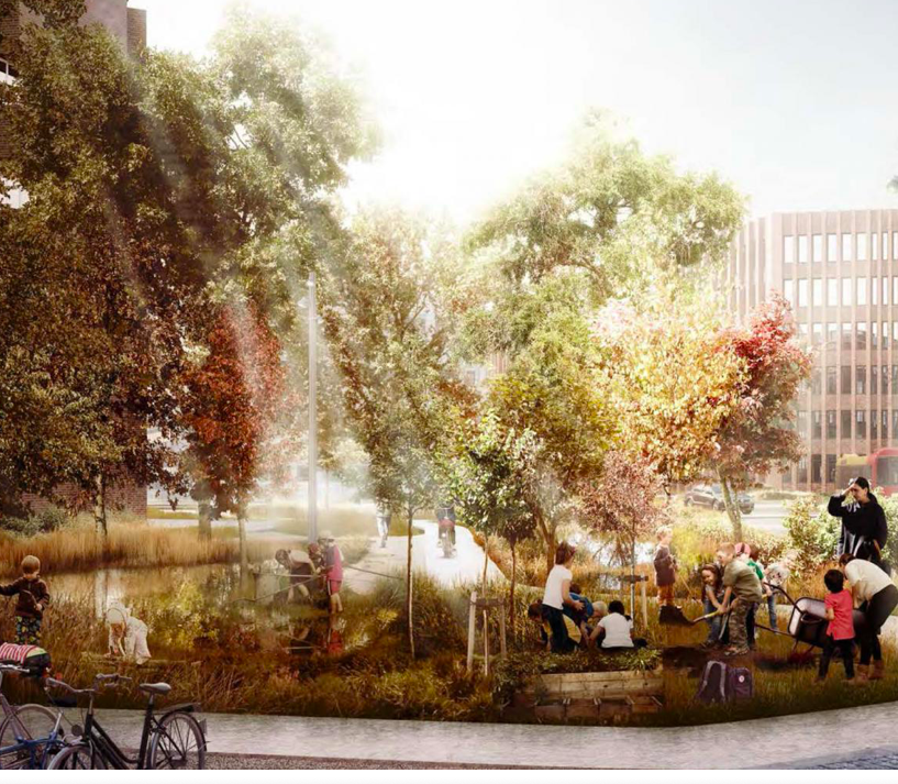 A rendering of the climate district in Copenhagen shows children playing under small trees with larger trees and a tall building in the distance. 