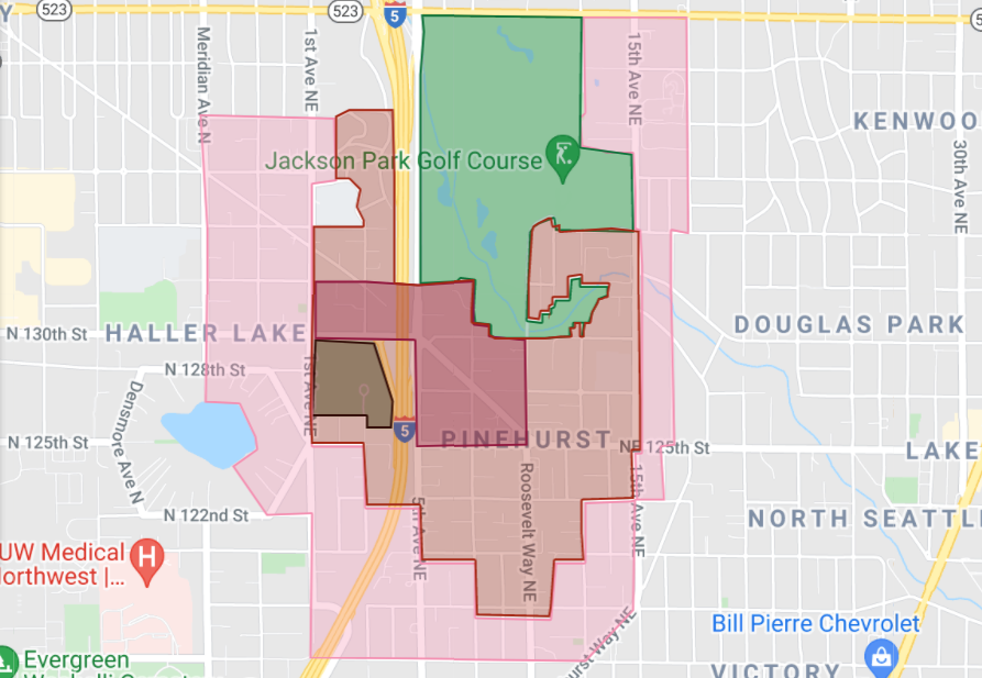 Ron Davis broke the station area into five areas. "Core" is closest to the station, "Inner" is the next closest area, and "Outer" is farthest out zone in this analysis, outside of the parks. Northacres Park to the west and Jackson Park is to the north.
