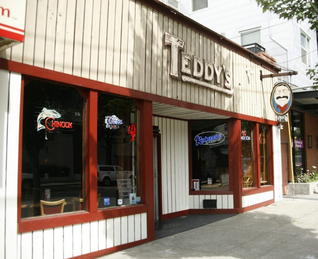 The entrance to Teddy's Tavern on the side of the block from the Roosevelt Light Rail Station