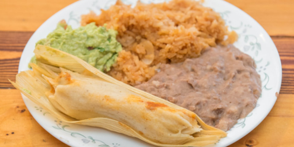 A tamale, beans, and rice from Frelard Tamales
