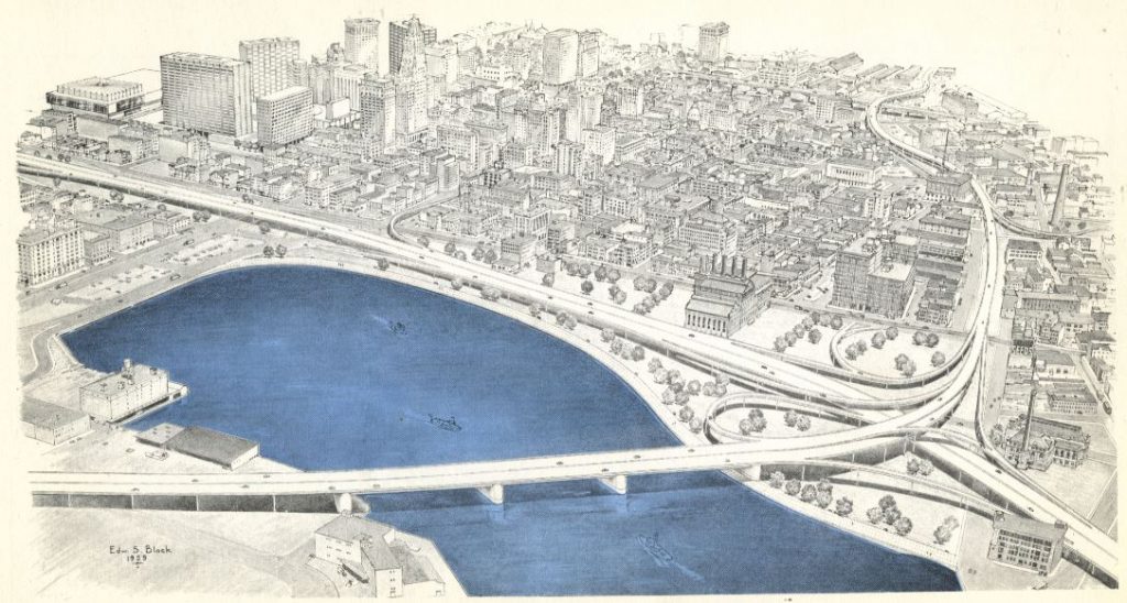 The black and white rendering shows a interchange connecting three busy highways. A bridge is shown running through the harbor. The water of the harbor is shown in blue. 