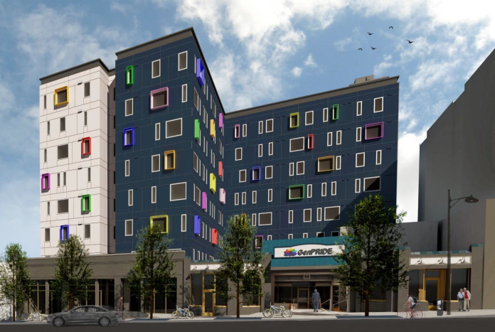 A rendering of a "L" shaped seven story apartment building. Three quarters of the exterior of the building is dark grey, while one quarter is white. The windows are surrounded by frames in many different vibrant colors.